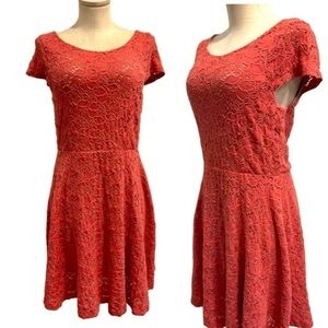 Maeve for Anthropologie Lace Over Fit and Flare Cup Sleeve Dress